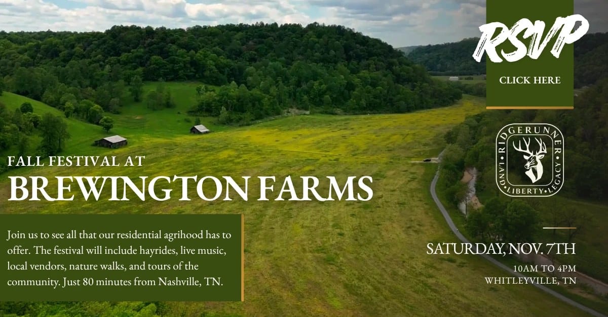Fall Festival at Brewington Farms, presented by RidgeRunner: Saturday, Nov. 7, 10am to 4pm, Whitleyville, TN. Click to RSVP.